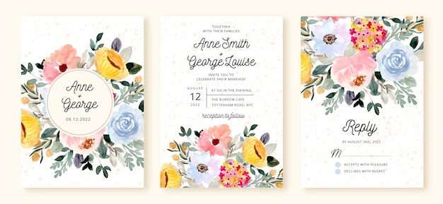 花の花の水彩画で設定された結婚式の招待状