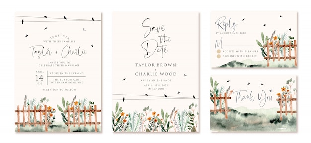 wedding invitation set with garden fence watercolor