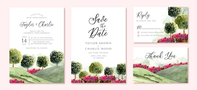 wedding invitation set with garden landscape watercolor