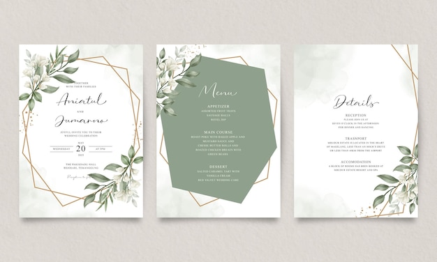 Vector wedding invitation set with green flowers and leaves