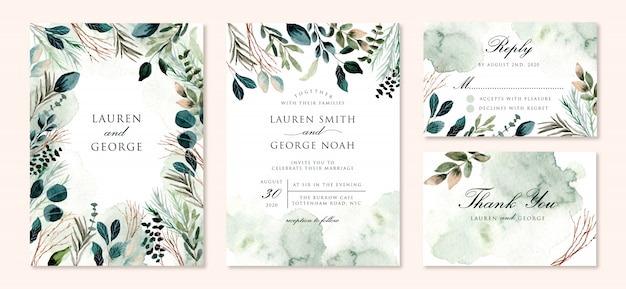 Wedding invitation set with green foliage branches watercolor
