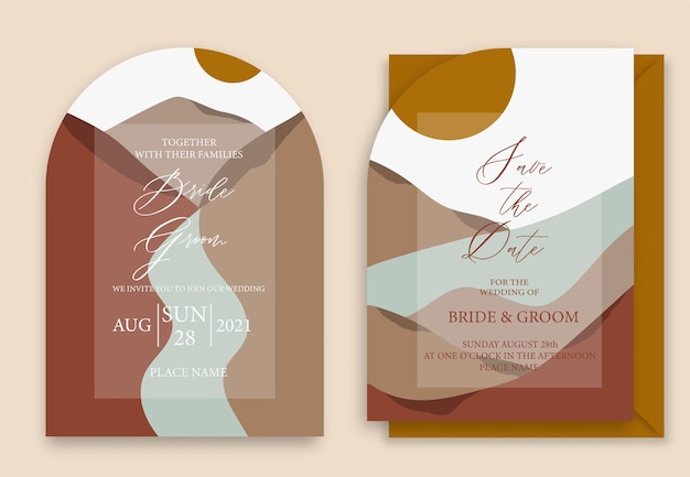 Vector wedding invitation set with mountains river and firtree