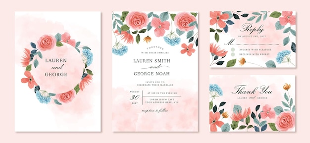 Vector wedding invitation set with peach blue watercolor floral frame