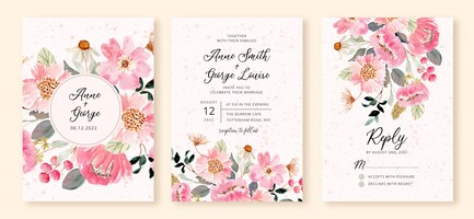 Wedding invitation set with pink flower garden watercolor