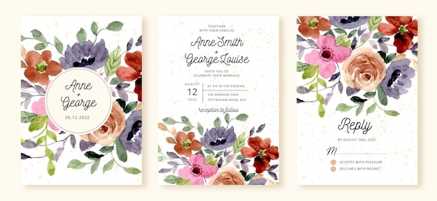 きれいな花の水彩画で設定された結婚式の招待状