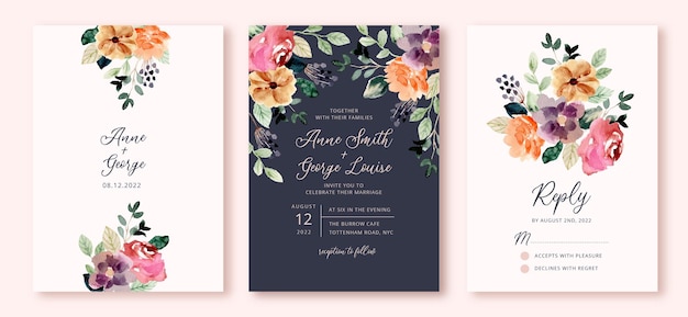 Vector wedding invitation set with pretty watercolor floral