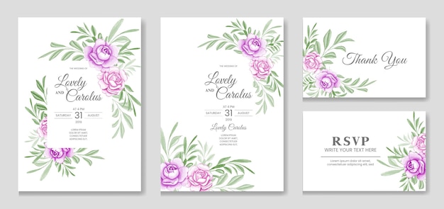 Vector wedding invitation set with purple floral watercolor background