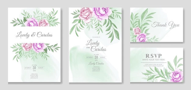 Wedding invitation set with purple flower watercolor