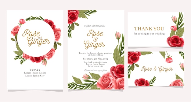 Wedding invitation set with red rose flower wreath