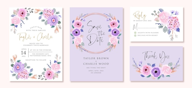Set di partecipazioni di nozze con morbido acquerello floreale rosa viola