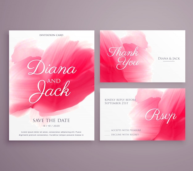 Wedding invitation set with soft red watercolor