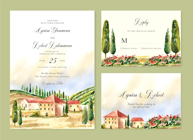 Wedding invitation set with tuscany hills of italy scenery