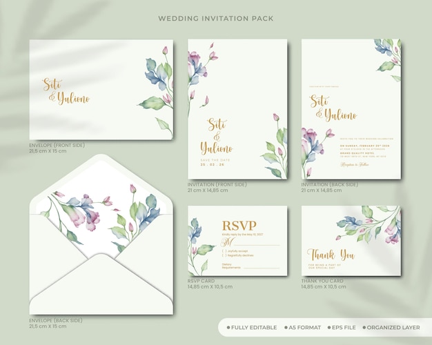 Wedding invitation set with watercolor flower