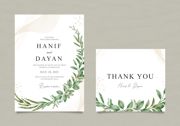 Wedding invitation set with watercolor foliage