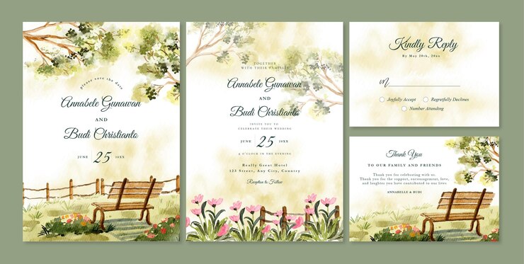 Wedding invitation set with watercolor garden bench and floral