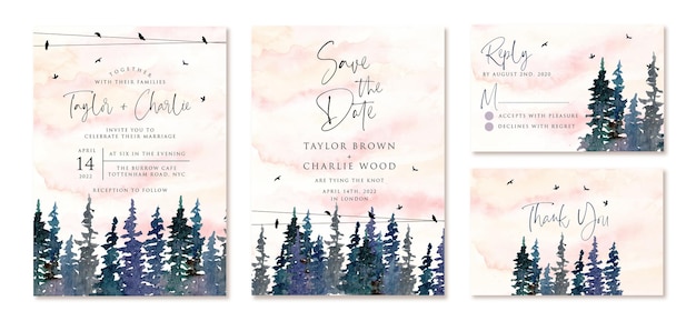 wedding invitation set with watercolor pine trees