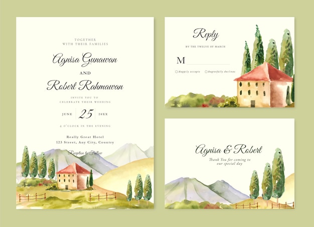 벡터 이탈리아의 수채색 토스카나 언덕이 있는 결혼식 초대장
