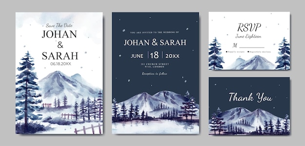 Wedding invitation set with winter landscape and icy mountain watercolor