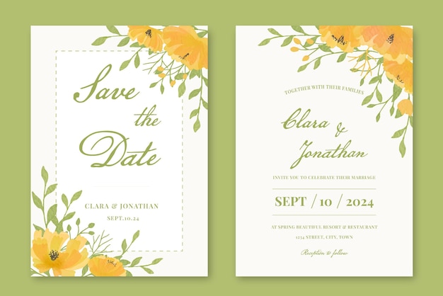 Wedding invitation set with with yellow beautiful watercolor flower