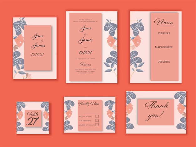 Vector wedding invitation suite template layout on orange background.