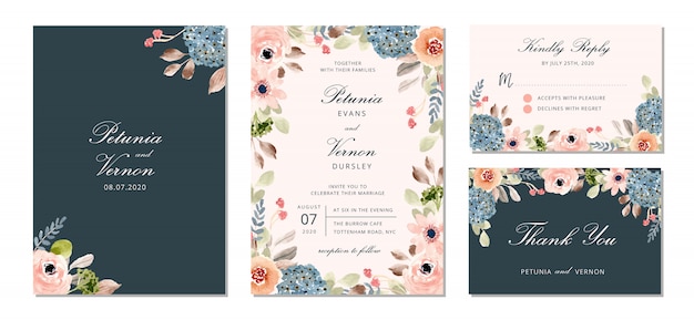 Vector wedding invitation suite with pretty flower watercolor