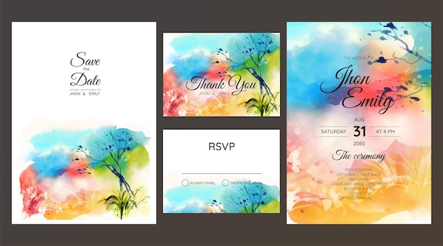 Vector wedding invitation suite with wild nature landscape watercolor