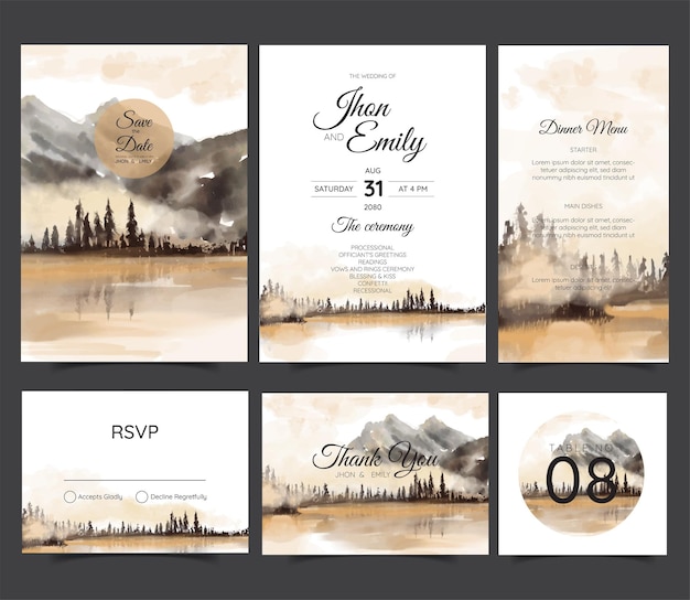 Vector wedding invitation suite with wild nature landscape watercolor