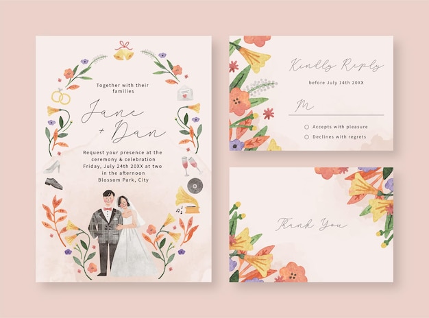 Wedding invitation tamplate with hand drawn watercolor illustration