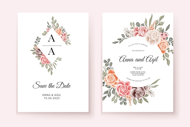 Wedding invitation template 2 side with rose pink