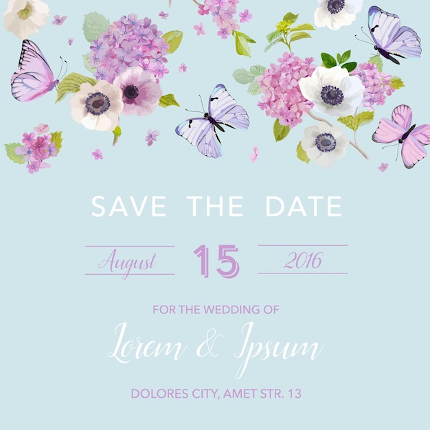 模板向量的婚礼邀请。植物卡片,蝴蝶和绣球花花。祝福的明信片