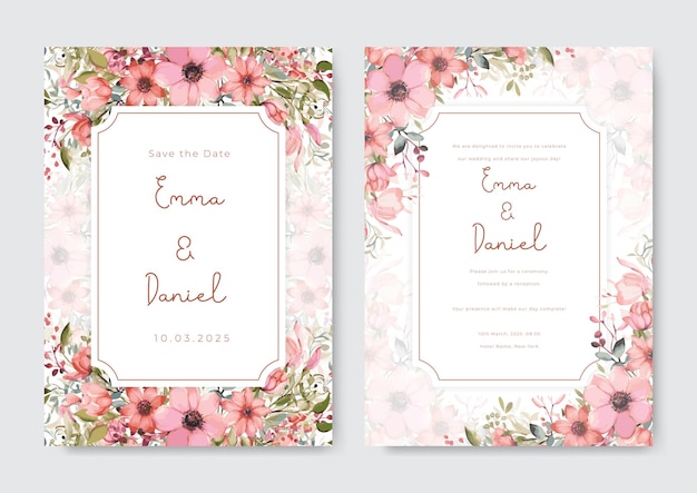 Carta modello invito matrimonio con fiori rosa e cornice