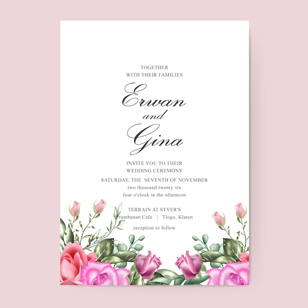 Wedding invitation template card with watercolor floral and leaves