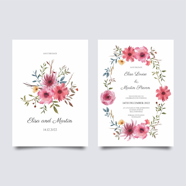 Vector wedding invitation template, decorated watercolor flowers
