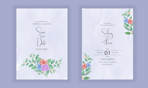 Шаблон приглашения на свадьбу с акварельным цветочным вектором
