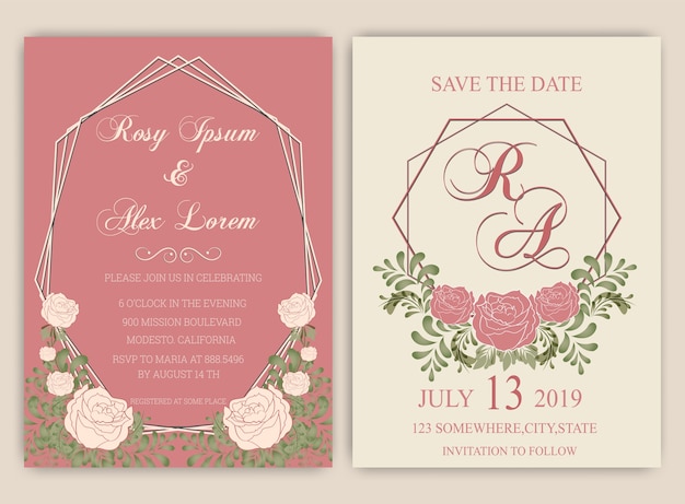 Wedding invitation template design with flower bouquet  and leaf