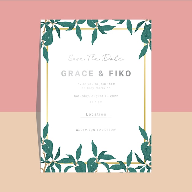 Wedding invitation template design with peach tree and leaf background