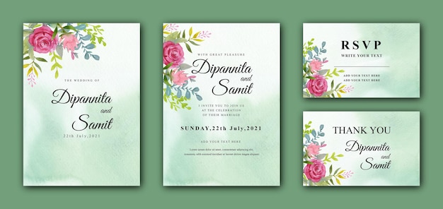 水彩花と葉の結婚式の招待状のテンプレートデザイン