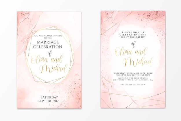 Wedding invitation template on dusty pink liquid watercolor background with golden lines and frame