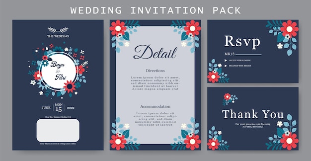 Wedding invitation template on navy blue background and flowers