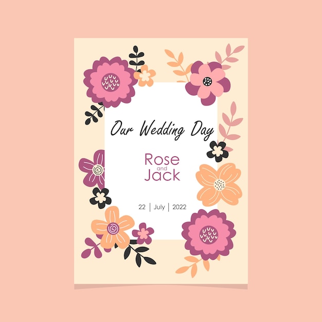 Wedding invitation template in pastel colors Hand drawn flowers