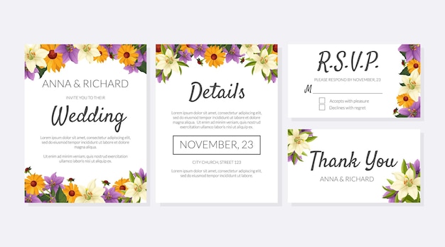 Wedding invitation template set thank you rsvp elegant card with beautiful flowers and space for text vector illustration