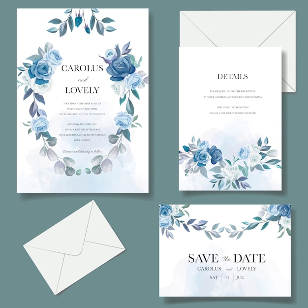 Wedding invitation template set with beautiful blue floral bouquet and border decoration