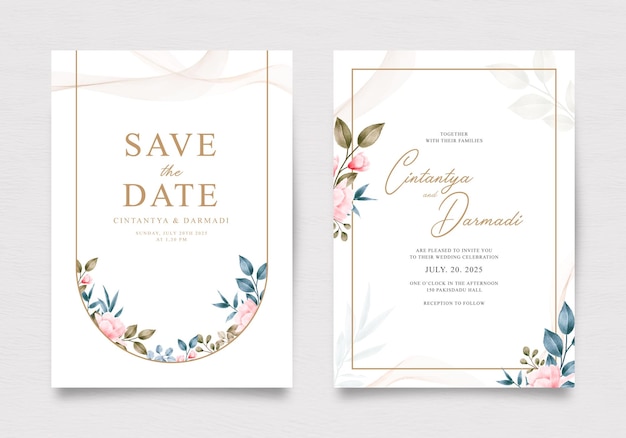 Vector wedding invitation template set with beautiful watercolor floral