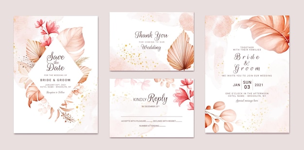 Wedding invitation template set with brown dried floral and leaves decoration Foliage card design co