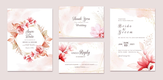 Modello di invito a nozze impostato con decorazione floreale e foglie essiccate marroni design della carta del fogliame co
