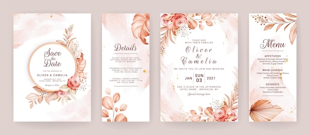 Wedding invitation template set with brown dried floral and leaves decoration Foliage card design co