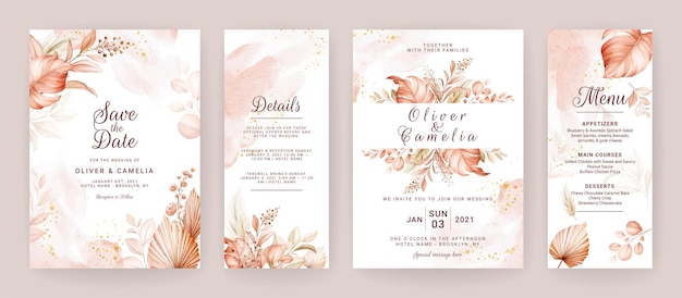 Wedding invitation template set with brown dried floral and leaves decoration Foliage card design co