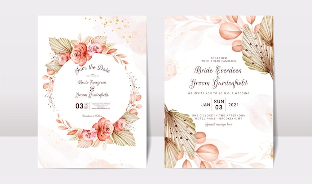 Wedding invitation template set with brown dried floral and leaves decoration Foliage card design co