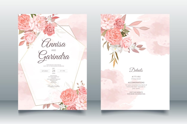 Wedding invitation template set with brown floral and leaves premium vector