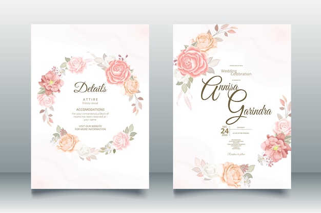 Wedding invitation template set with  brown  floral and leaves premium vector